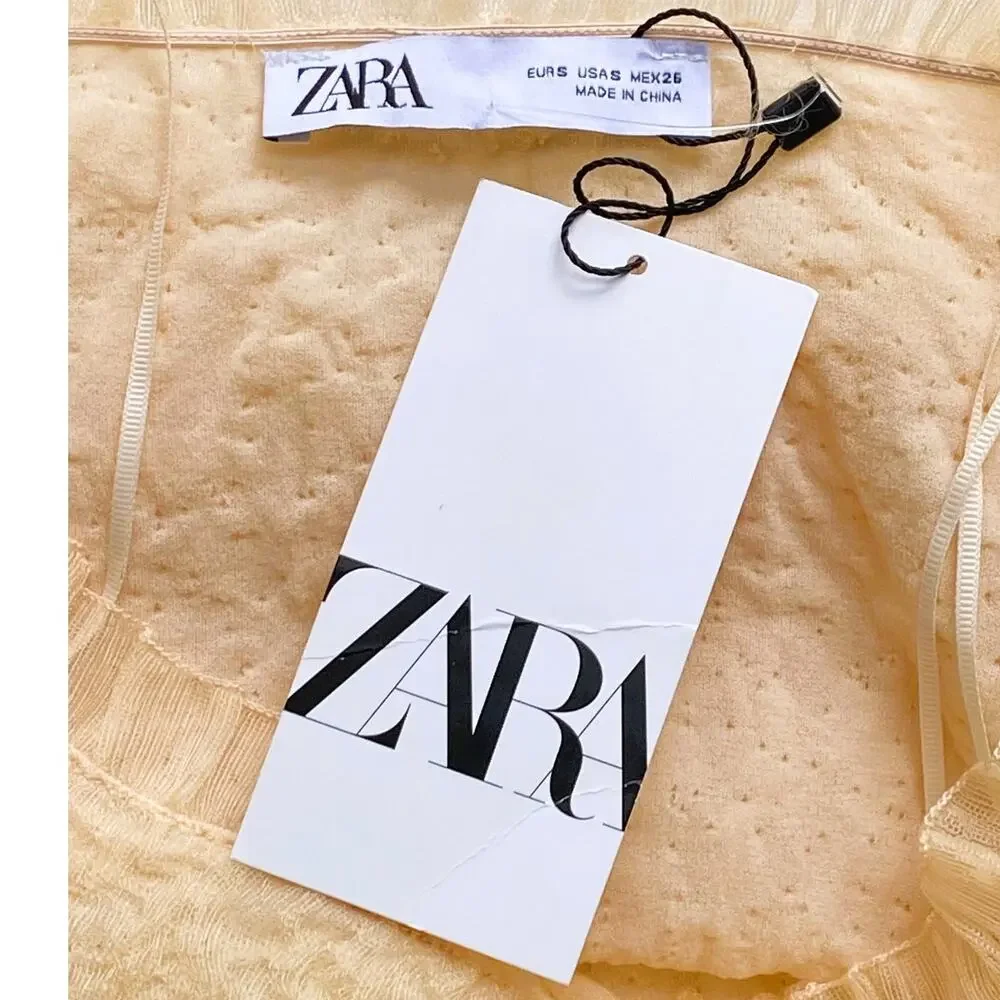 NWT ~ ZARA Beige Lace Tulle Off Shoulders Tight Crop Knit Top ~ Women's SMALL - Picture 9 of 9